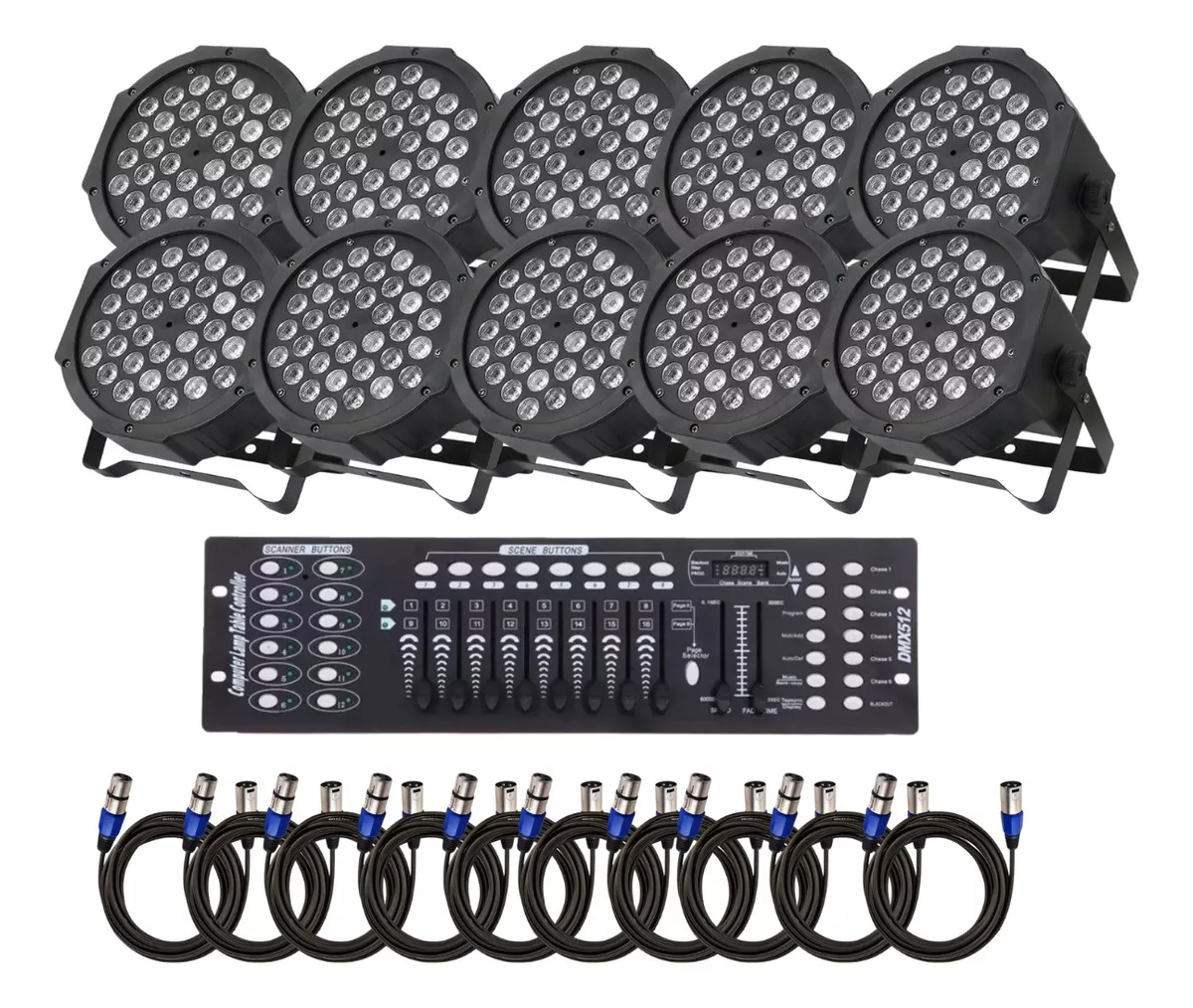 10 Canhão Refletor Led Rgbw 36 Led Slim + Mesa Dmx + Cabo 5m